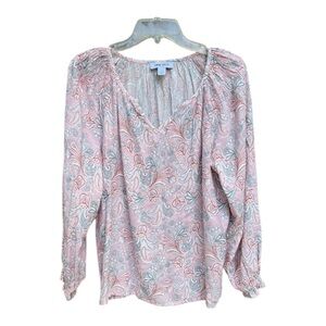 Nine West Women’s White/Pink FloralPaisley Ruffled/Smocked Shoulder